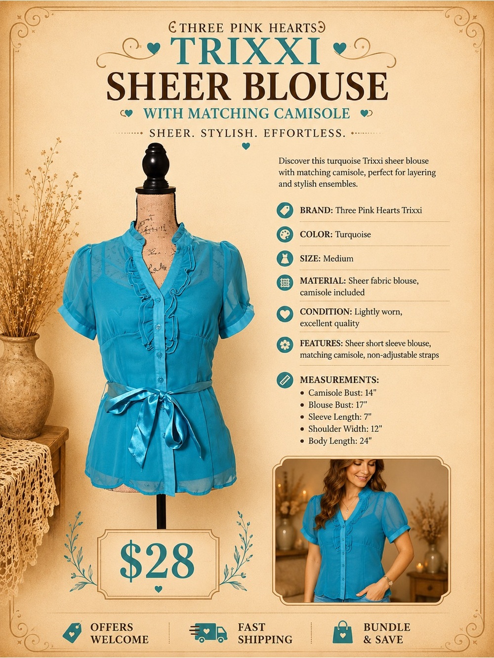 Trixxi Turquoise Sheer Blouse & Camisole Set Size M
